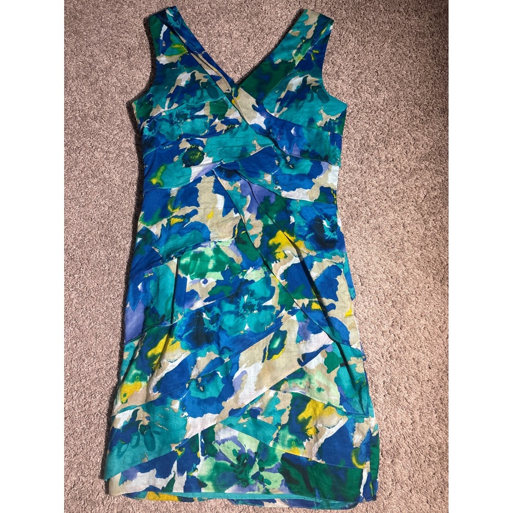 Y2K Calvin Klein Blue Green Floral Tiered Ruffle Cotton Sheath Dress Size M
